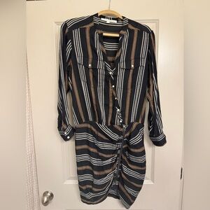 Veronica Beard Navy Blue, White and Brown Striped Long Sleeve Dress